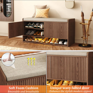 Fluted Shoe Storage Bench with LED Sensor Light