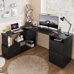 L-Shaped Desk with Drawers & Power Outlet – 66 Inch Corner Computer Desk