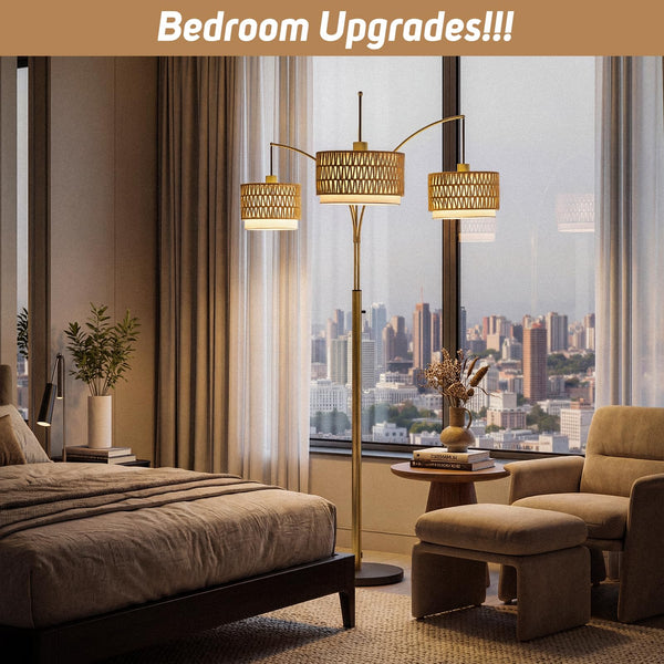 3-Light Arc Floor Lamp with Rattan Wicker Shades, 80 Inch Tall Standing Lamp