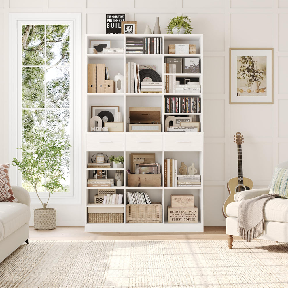 Tall Bookcase with Drawers & Adjustable Shelves – 9-Tier Wide Storage Cabinet