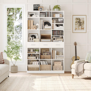 Tall Bookcase with Drawers & Adjustable Shelves – 9-Tier Wide Storage Cabinet