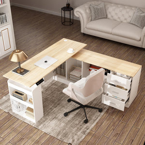 L-Shaped Electric Standing Desk with Drawers and Shelves, 63"