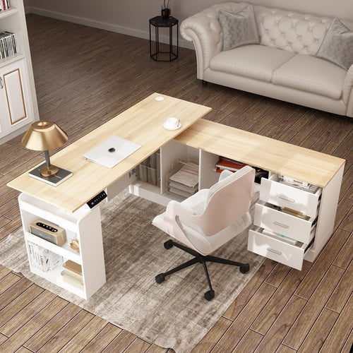 L-Shaped Electric Standing Desk with Drawers and Shelves, 63"