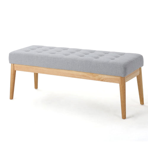 Mid-Century Tufted Fabric Bench – Light Grey