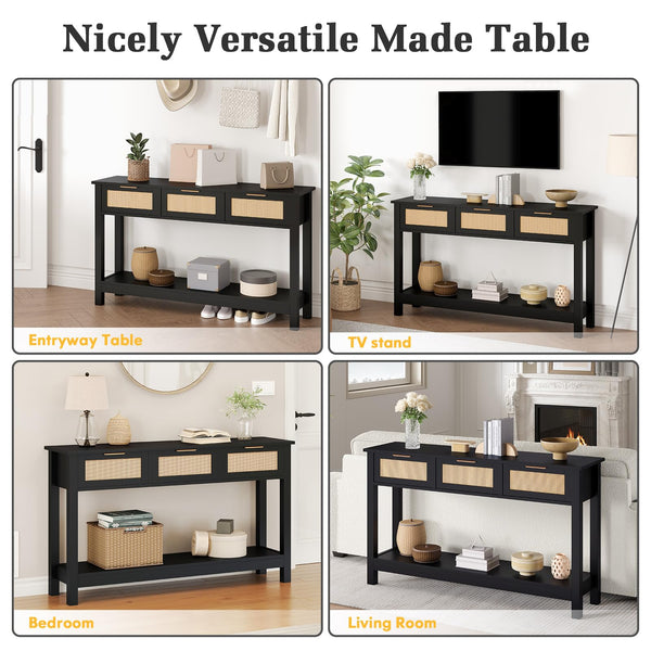 47" Rattan Console Table with 3 Drawers & Storage Shelf