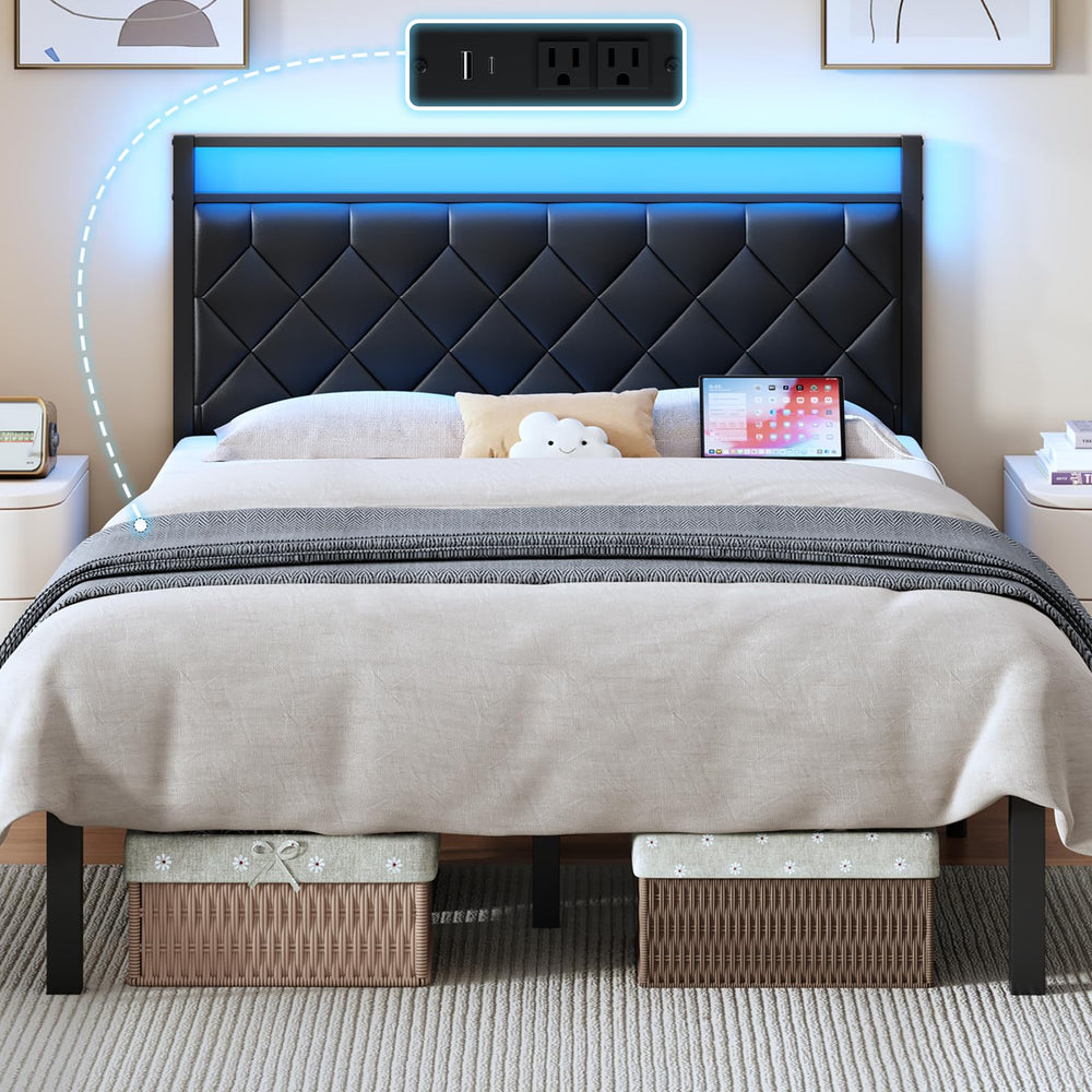 Queen Bed Frame with LED Lights, Charging Station & Upholstered Headboard