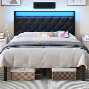 Queen Bed Frame with LED Lights, Charging Station & Upholstered Headboard