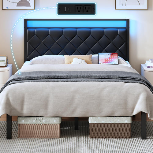 Queen Bed Frame with LED Lights, Charging Station & Upholstered Headboard