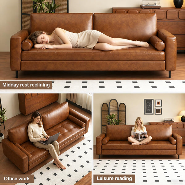 80" Mid-Century Modern Faux Leather 3-Seater Sofa – Brown