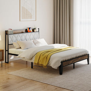 Queen Bed Frame with Storage Headboard & USB Charging