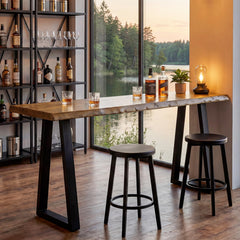 63-Inch Solid Pine Wood Bar Table with Live Edge and Metal Legs