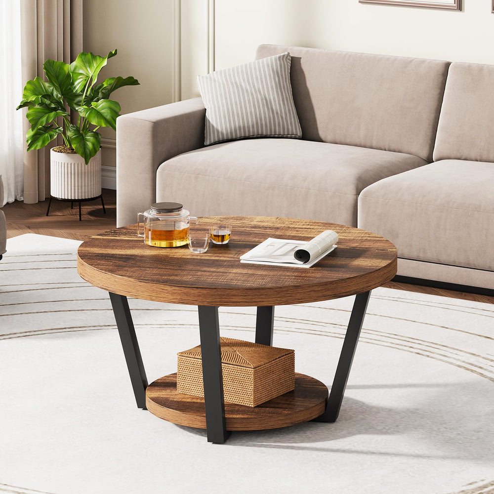 Round Coffee Table with Storage Shelf, 2-Tier