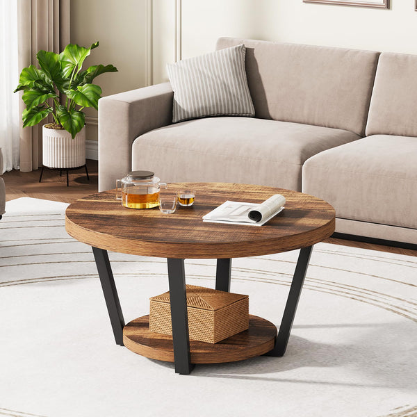 Round Coffee Table with Storage Shelf, 2-Tier