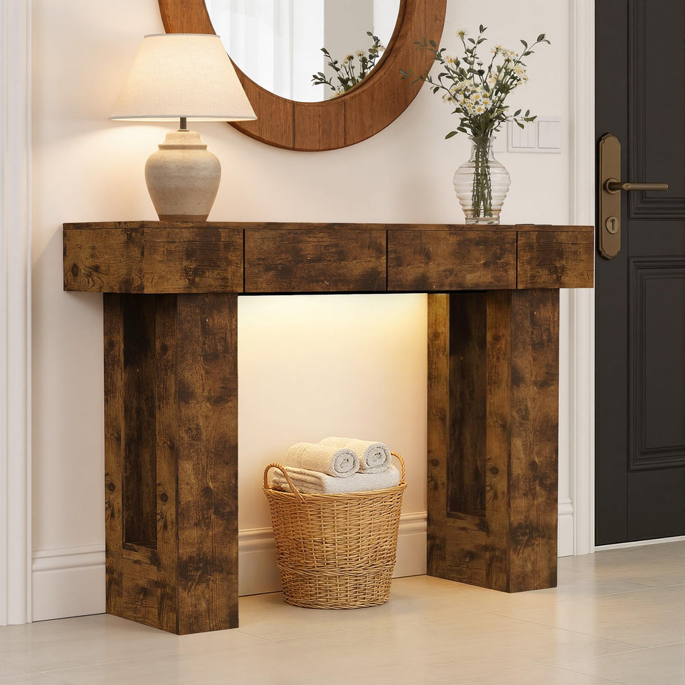 47" Farmhouse Console Table with LED Light, Drawers & Charging Station