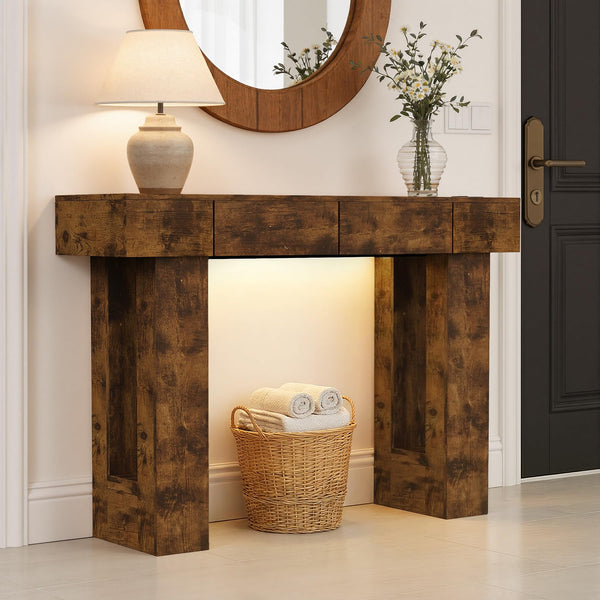 47" Farmhouse Console Table with LED Light, Drawers & Charging Station