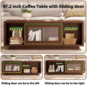 Coffee Table with Sliding Doors & Open Storage Shelf