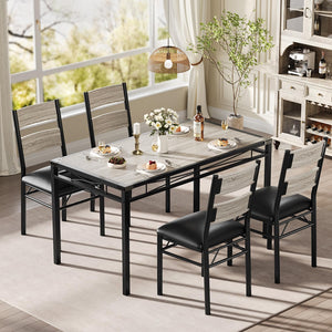 5-Piece Industrial Dining Table Set for 4 with Upholstered Chairs