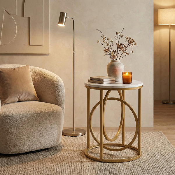 Round End Table Set of 2 with Gold O-Shaped Base
