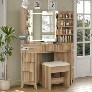 Corner Vanity Desk with Mirror, Lights & 8 Drawers