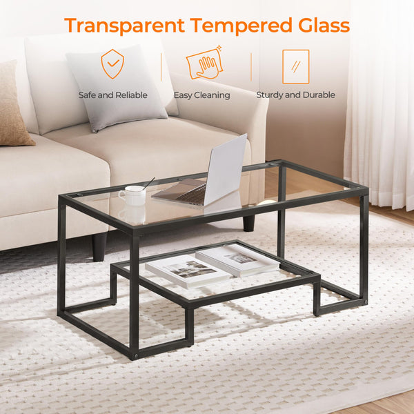 Tempered Glass Coffee Table with Open Storage Shelf