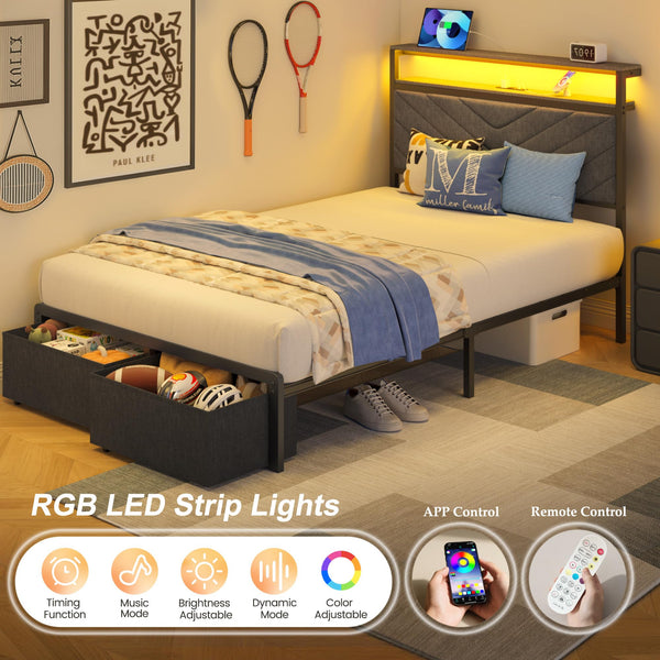 LED Storage Platform Bed with Charging Station & Upholstered Headboard