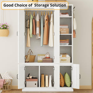 Wooden Wardrobe Closet with 5 Doors, 4 Shelves & Hanging Rod