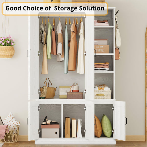 Wooden Wardrobe Closet with 5 Doors, 4 Shelves & Hanging Rod