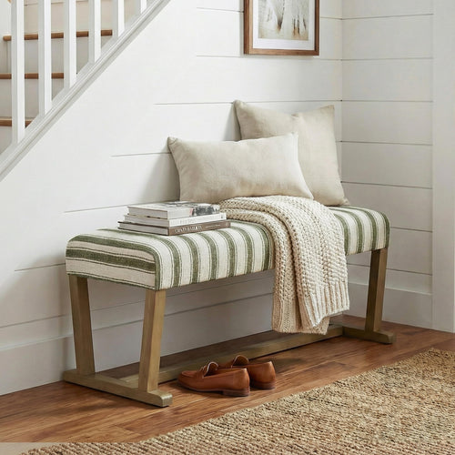 Upholstered Ottoman Bench with Cushion & Rubberwood Legs