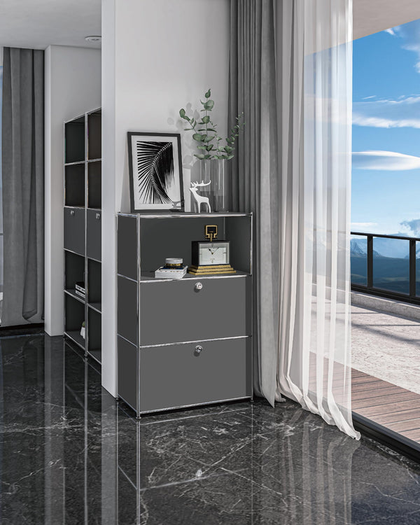 Metal Cabinet with Flap Doors & Open Shelves