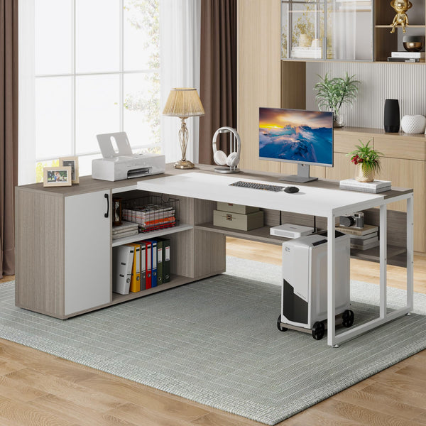 L-Shaped Executive Desk with Storage Cabinet & Shelves, 71"