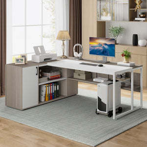 L-Shaped Executive Desk with Storage Cabinet & Shelves, 71"