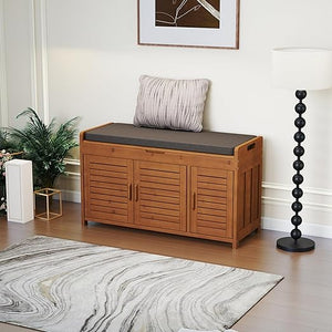 Bamboo Shoe Storage Bench with Padded Seat & Louvered Doors