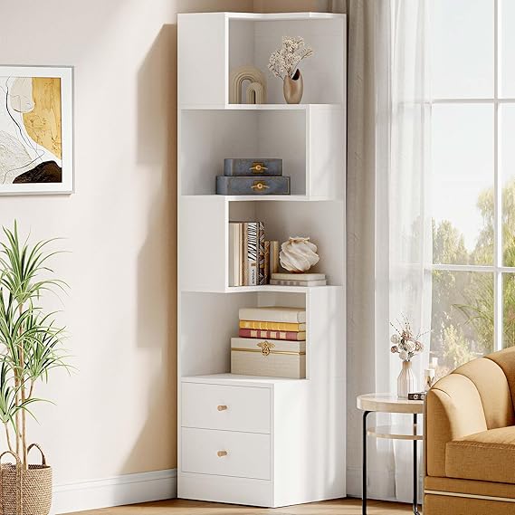 Corner Bookshelf with Drawers, 5-Tier, 70.87" Tall