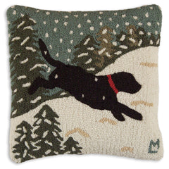 Black Lab Dog Playing in Snow Hand-Hooked Wool Throw Pillow