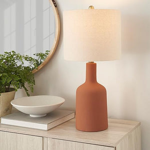 22" Terracotta Orange Ceramic Table Lamp with Oatmeal Linen Shade
