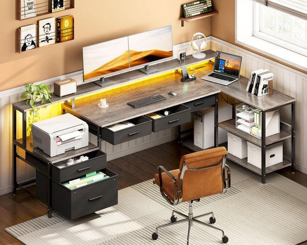 L-Shaped Desk with File Drawers, LED Lighting & Power Outlet