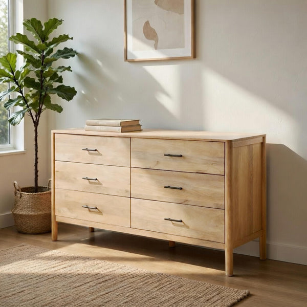 66-Inch Wide 6-Drawer Dresser – Natural Oak White Mango Wood