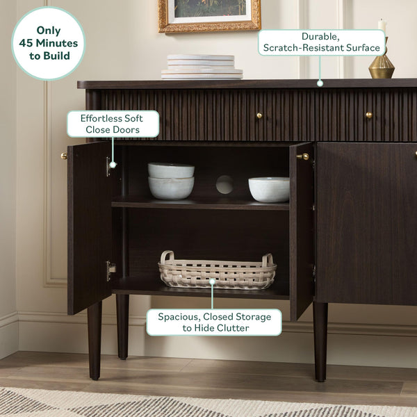 58-Inch Fluted Wood Buffet Sideboard with Storage