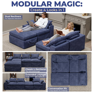 Modular Cloud Sectional Sofa with Ottoman – L-Shape, 3-Seater, Blue
