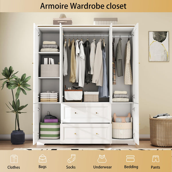 White Wardrobe Armoire with 4 Doors, Hanging Rod & 2 Drawers