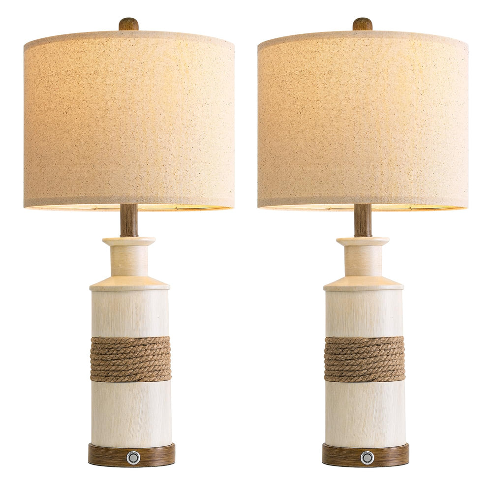 Boho Rattan Table Lamps Set of 2 with Touch Dimmer & USB Ports