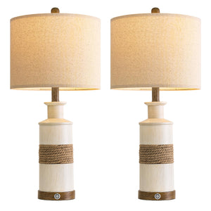 Boho Rattan Table Lamps Set of 2 with Touch Dimmer & USB Ports