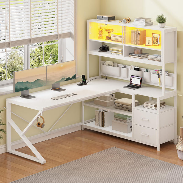 L-Shaped Gaming Desk with Bookshelf, LED Light & Storage Drawers