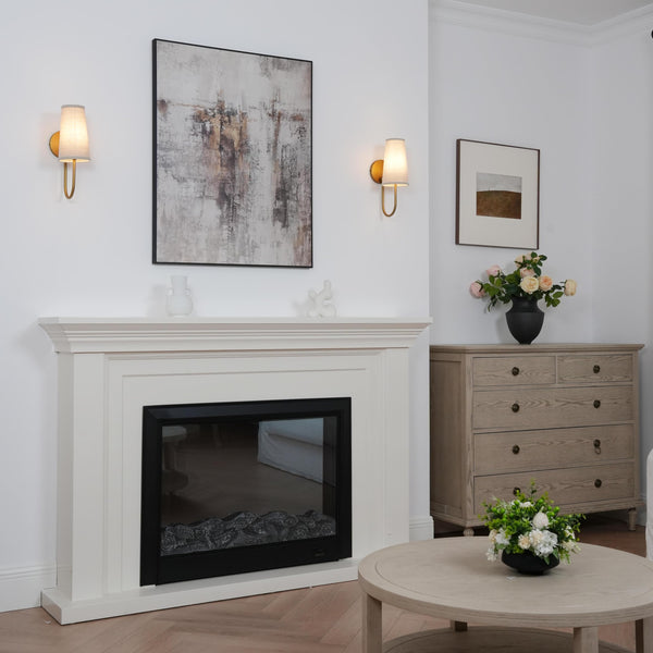 Set of 2 Linen Fabric Wall Sconces – Hardwired Curved Arm Vanity Light