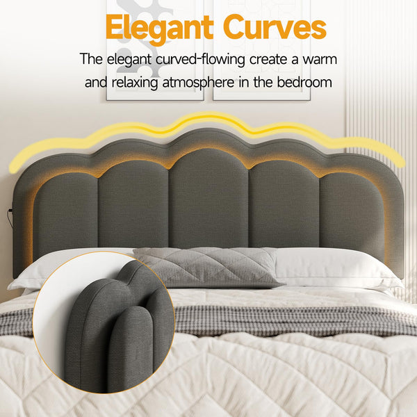 Upholstered Wavy Headboard Full/Queen with USB, RGB LED & Adjustable Height