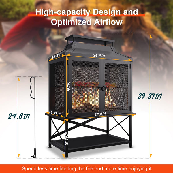 Square Chiminea Outdoor Wood Burning Fire Pit with Grill