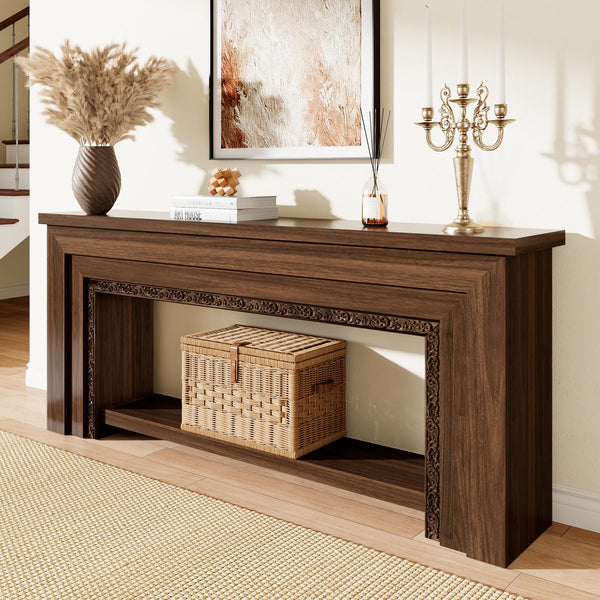 Wood Console Table with Double-Layer Open Storage — Rustic Brown