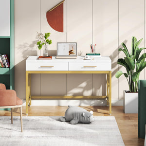 41-Inch Computer Desk with 2 Drawers – White & Gold
