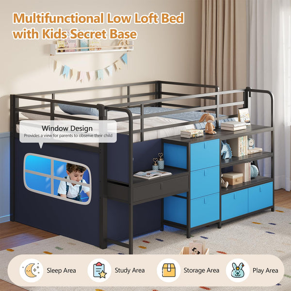 Low Loft Bed with Desk, Storage Drawers & LED Lights – Twin
