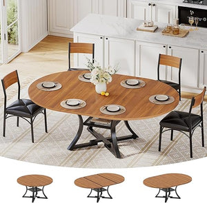 Expandable Round Dining Table Set for 4-8 – 5-Piece with Cushion Chairs